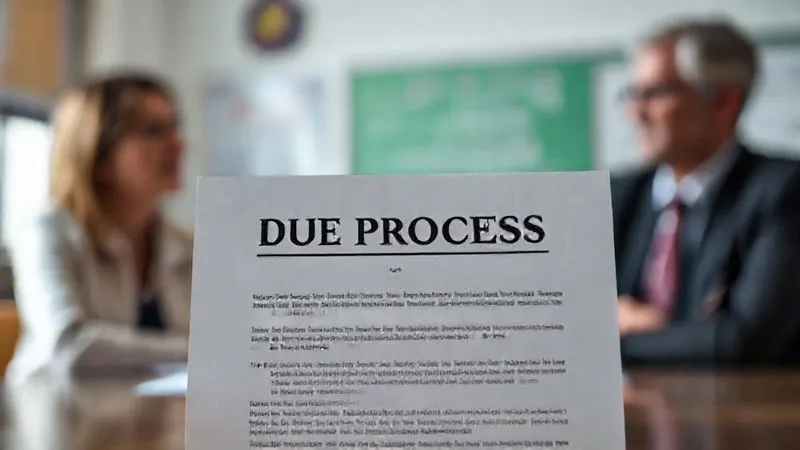 A photorealistic image of a legal document titled 'Due Process Notice' with a blurred background of a school administrator and a parent in a respectful but serious discussion, conveying the importance of formal communication. Cinematic lighting, sharp focus on the document, depth of field, 8K hyper-detailed, professional photography, shot on a high-end DSLR.
