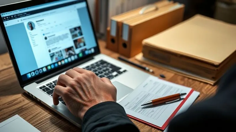 Photorealistic, professional photography, 8K, cinematic lighting, sharp focus, depth of field, shot on a high-end DSLR. A person's hands meticulously documenting online content on a laptop screen, with a legal pad and pen beside it. The screen shows a screenshot of a social media post, and the surrounding desk is organized with evidence folders, emphasizing diligence and precision. The lighting is focused on the screen and hands, creating a serious, investigative mood.