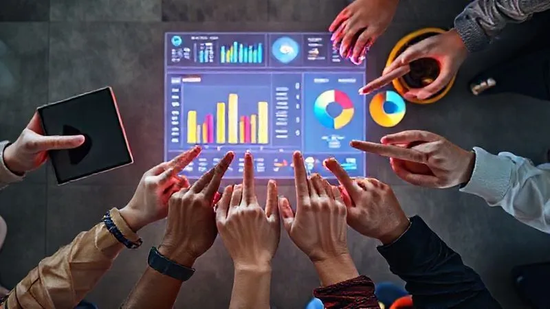 A photorealistic, professional photography image from above, showing a diverse group of hands, each holding a different educational resource (a tablet, a textbook, a science beaker, a musical instrument), all pointing towards a central, glowing data visualization dashboard showing balanced bar charts and pie charts, symbolizing equitable resource distribution. Cinematic lighting, sharp focus, depth of field blurring the background, 8K hyper-detailed, shot on a high-end DSLR.