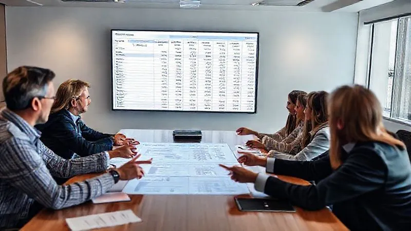 A photorealistic, professional photography image of a diverse group of educators and administrators around a large conference table, intensely reviewing a complex digital budget spreadsheet projected onto a screen. Hands are pointing to specific lines, indicating strategic reallocation. The mood is collaborative yet serious, with cinematic lighting, sharp focus on the screen and faces, depth of field blurring the background, 8K hyper-detailed, shot on a high-end DSLR.