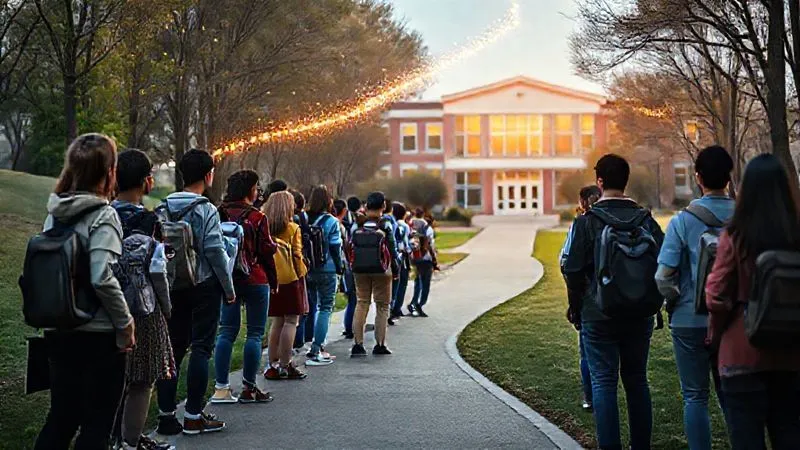 A photorealistic, professional photography image of a diverse group of students standing on a path that starts narrow and winding but broadens and brightens as they walk towards a distant, modern school building. Overhead, a series of glowing data points form an upward trajectory, symbolizing progress and improved outcomes due to equitable resource allocation. Cinematic lighting, sharp focus on the students and path, depth of field blurring the background, 8K hyper-detailed, shot on a high-end DSLR.