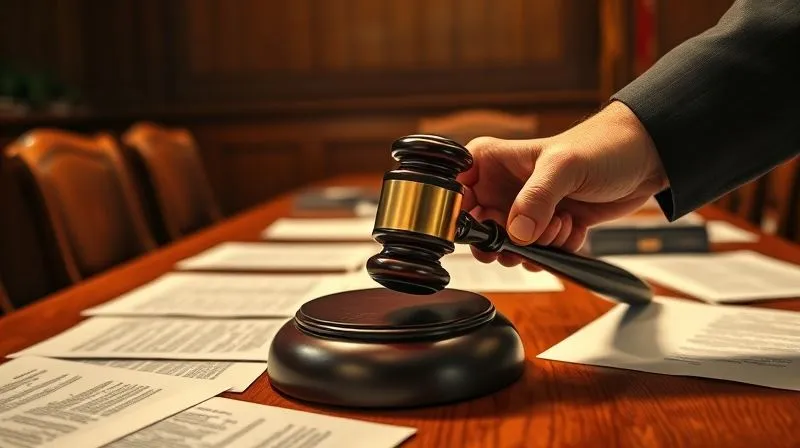 A photorealistic image of a strong, determined hand holding a gavel, with legal documents scattered on a polished wooden table in a courtroom setting, symbolizing justice and legal action. The lighting is dramatic and purposeful, highlighting the gavel. professional photography, 8K, cinematic lighting, sharp focus, depth of field, shot on a high-end DSLR.