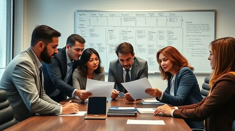 A photorealistic, professional photography, 8K, cinematic lighting, sharp focus, depth of field, shot on a high-end DSLR, depicting a diverse legal team huddled around a conference table, reviewing documents and discussing a strategy with focused expressions. A whiteboard in the background shows a timeline and flow chart, symbolizing collaborative problem-solving and structured legal work.