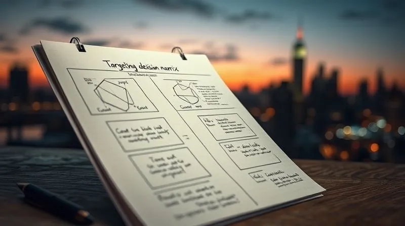 A photorealistic image of a legal pad with handwritten notes and diagrams outlining a complex targeting decision matrix, next to a blurred image of an urban skyline at dusk, 8K, cinematic lighting, sharp focus on the notes.