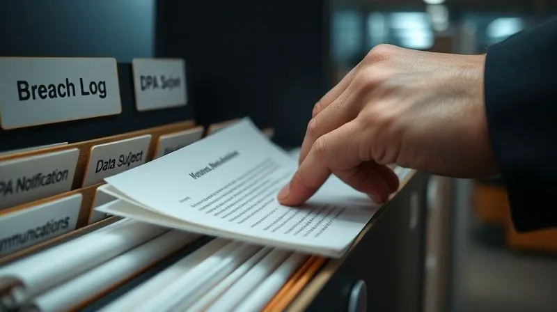 A photorealistic close-up of a meticulously organized physical and digital folder system, with labels like 'Breach Log,' 'DPA Notification,' and 'Data Subject Communications.' A serious but calm professional hand is placing a document into a folder. Cinematic lighting, sharp focus on the documents, depth of field blurring the background office, 8K hyper-detailed, professional photography, shot on a high-end DSLR.