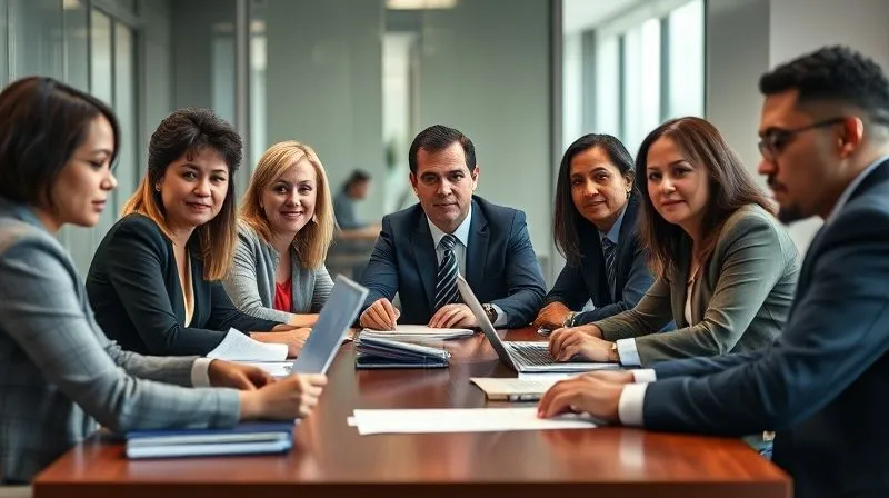 A photorealistic, professional photography, 8K image of a diverse group of campus administrators, mental health professionals, and law enforcement officers sitting around a conference table, engaged in a serious but collaborative discussion. Files and laptops are open on the table. Cinematic lighting highlights their focused expressions, sharp focus on the group, depth of field blurring the background office setting, conveying a sense of teamwork and proactive problem-solving.