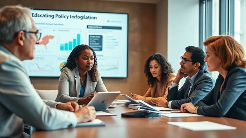 A photorealistic, professional photography, 8K image of diverse policy makers and education law experts in a modern, well-lit conference room, engaged in a thoughtful discussion. Documents and tablets are on the table. Cinematic lighting highlights their serious expressions, sharp focus on the individuals, depth of field blurring a large screen displaying policy infographics, conveying collaboration and the shaping of future legislation.