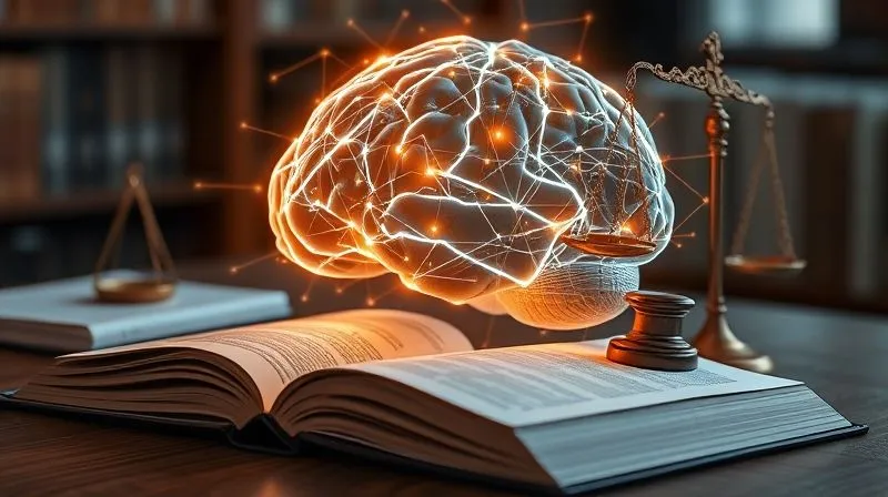 A photorealistic conceptual image depicting a digital brain with glowing neural pathways intertwined with classic legal symbols like gavels and scales, all floating above open textbooks on a university desk. The scene is bathed in soft, analytical light, emphasizing the complexity of AI and law. Professional photography, 8K, cinematic lighting, sharp focus, depth of field.