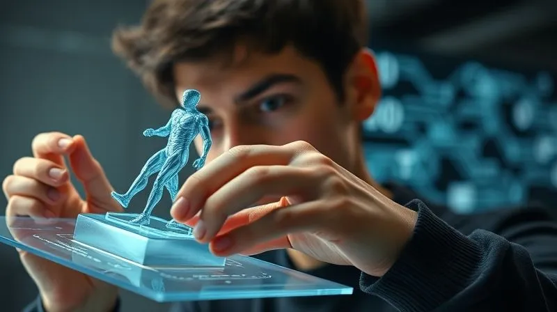 A photorealistic close-up of a student's hands meticulously refining a digital 3D model on a holographic interface, with subtle lines of AI code flowing in the background. The student's expression is focused and determined, illustrating human creative control over AI tools. Professional photography, 8K, cinematic lighting, sharp focus, depth of field.
