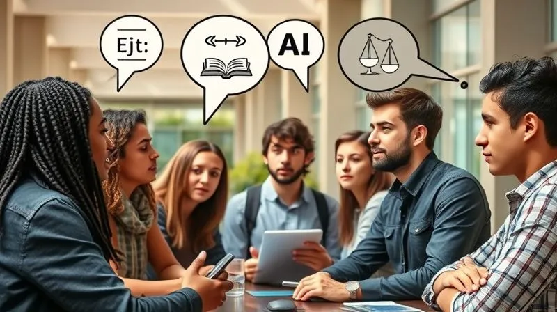 A photorealistic image of a diverse group of university students engaged in a lively debate, with thought bubbles above their heads containing abstract symbols of ethics, law, and AI. The setting is a modern, sunlit university common area, conveying intellectual engagement and critical thinking. Professional photography, 8K, cinematic lighting, sharp focus, depth of field.