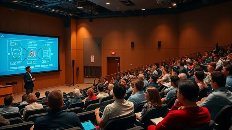 A photorealistic image of a university lecture hall, filled with engaged students and faculty, listening intently to a speaker presenting on a large screen displaying a complex AI algorithm flowchart. The atmosphere is collaborative and educational, with warm, inviting light. Professional photography, 8K, cinematic lighting, sharp focus, depth of field.