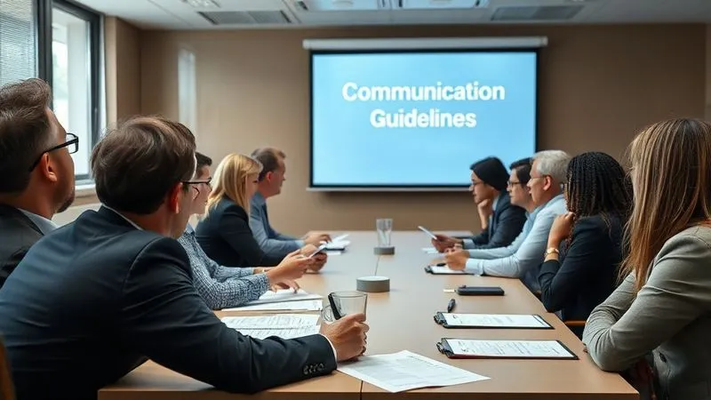 Photorealistic, professional photography, 8K, cinematic lighting, sharp focus, depth of field, shot on a high-end DSLR. A diverse group of corporate employees and managers actively participating in a training session, focused on a presentation screen displaying 'Communication Guidelines'. The atmosphere is engaged and professional, with an emphasis on clear, ethical communication. Subtle hints of legal documents or policy outlines are visible on the tables, suggesting a strategic, informed approach.