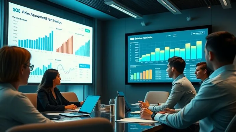 Photorealistic, professional photography, 8K, cinematic lighting, sharp focus, depth of field, shot on a high-end DSLR. A diverse team of professionals in a modern conference room, intensely reviewing data projected on a large screen, charts displaying risk assessment metrics and customer complaint trends. One person points to a critical data point, conveying urgency and collaborative problem-solving.