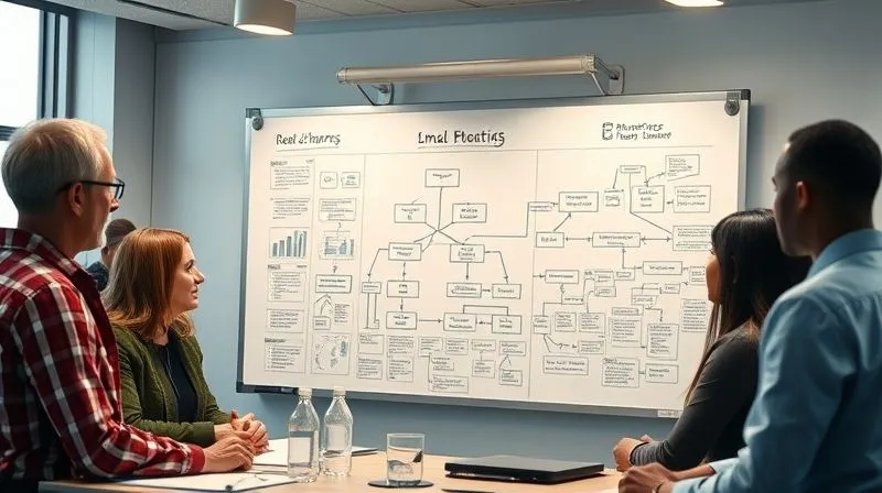 Photorealistic, professional photography, 8K, cinematic lighting, sharp focus, depth of field, shot on a high-end DSLR. A diverse group of engineers and legal professionals gathered around a large whiteboard, covered with flowcharts and diagrams for process improvement and quality control. One person is drawing a connection between a root cause and a proposed solution, emphasizing strategic planning and collaboration.