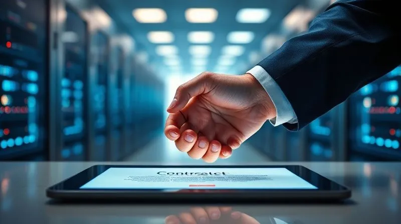 A photorealistic image of two hands shaking over a glowing digital contract on a tablet, with blurred cloud servers in the background, professional photography, 8K, cinematic lighting, sharp focus on the hands and contract, depth of field blurring the background, shot on a high-end DSLR, symbolizing strong vendor agreements and due diligence.