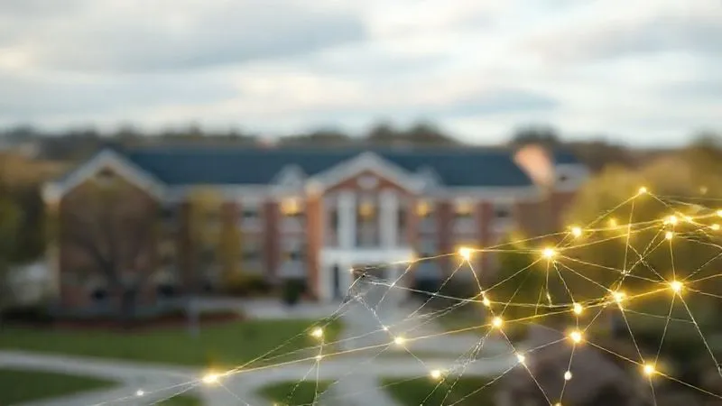 A photorealistic image of a blurred school campus in the background, with a clear foreground showing a network of abstract, glowing lines connecting various off-campus residential areas to the school, symbolizing legal jurisdiction and the 'nexus test'. Cinematic lighting, sharp focus on the glowing lines, depth of field on the school. 8K hyper-detailed.