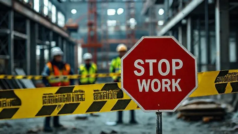 A photorealistic image of a construction site with caution tape and a 'STOP WORK' sign prominently displayed, workers in the background looking concerned but compliant, cinematic lighting, sharp focus, 8K, shot on a high-end DSLR.