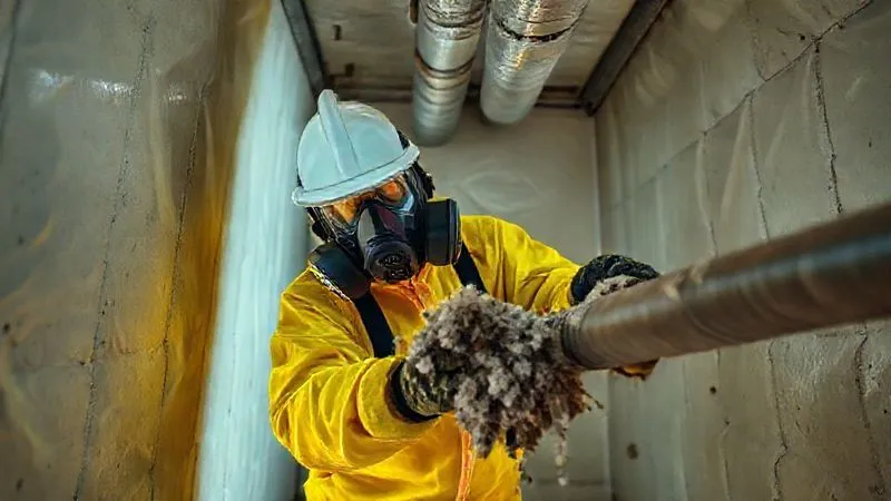 A photorealistic image inside a containment area, showing an asbestos abatement worker in full PPE (respirator, tyvek suit) carefully removing material from a pipe, under controlled lighting, sharp focus on the meticulous work, 8K, shot on a high-end DSLR.