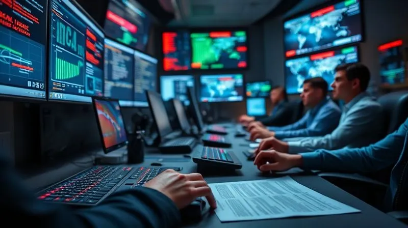 A photorealistic image of a frantic control room with multiple screens displaying cybersecurity alerts and network diagrams, focused hands typing rapidly on keyboards, and a legal document subtly visible on a desk. The lighting is urgent and dramatic, conveying the high-stakes, immediate response required after a cyber attack, with a sharp focus on the central action and a blurred background of concerned faces. Professional photography, 8K, cinematic lighting, depth of field, shot on a high-end DSLR.