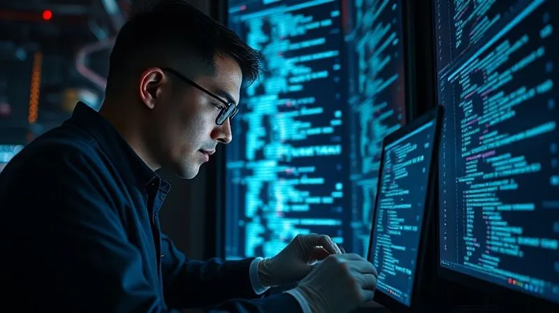 A photorealistic image of a cybersecurity expert meticulously examining lines of code on multiple glowing screens in a dark, high-tech server room. The specialist wears gloves and is surrounded by complex network diagrams and forensic tools. Cinematic lighting highlights the intense focus and the intricate details of the digital investigation, conveying precision and expertise. Professional photography, 8K, sharp focus, depth of field, shot on a high-end DSLR.