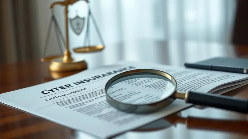 A photorealistic, professional photography, 8K, cinematic lighting, sharp focus, depth of field, shot on a high-end DSLR image of a detailed cyber insurance policy document open on a polished desk, with a magnifying glass resting on key clauses. In the background, subtly blurred, are images of a digital shield and legal scales, symbolizing protection and justice in the context of financial and legal security. The overall mood is one of careful scrutiny and strategic planning.