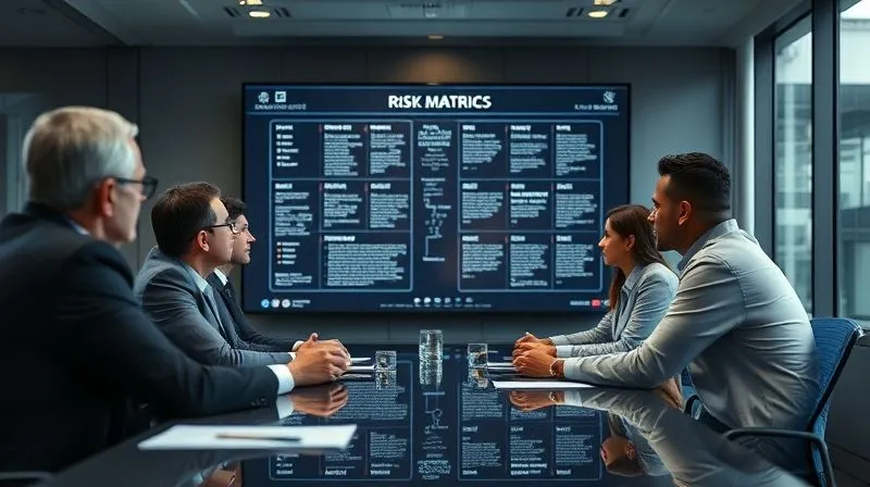 A photorealistic, professional photography shot of a legal team in a modern, sleek conference room, engaged in intense discussion around a large digital display showing complex legal frameworks and risk matrices. The atmosphere is serious but determined, with cinematic lighting highlighting focused faces and strategic documents. Sharp focus on the team, depth of field blurring the background, 8K hyper-detailed, shot on a high-end DSLR.