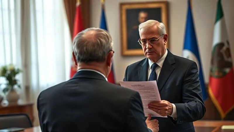 A photorealistic, professional photography, 8K, cinematic lighting, sharp focus, depth of field, shot on a high-end DSLR. Image showing a stern-faced government official, possibly a foreign minister, delivering a formal notice to an ambassador, whose back is to the viewer, implying diplomatic expulsion. The setting is a formal office with national flags subtly in the background, conveying tension and high stakes.