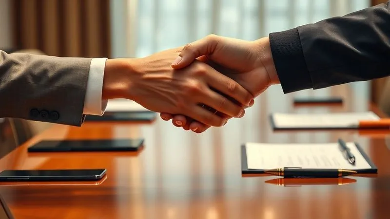 A photorealistic, professional photography, 8K, cinematic lighting, sharp focus, depth of field, shot on a high-end DSLR. Image of two diverse hands (one Caucasian, one East Asian) clasped in a firm handshake across a polished conference table, with official-looking documents and pens in the background, subtly blurred. The lighting is warm and professional, emphasizing cooperation and strategic agreement.
