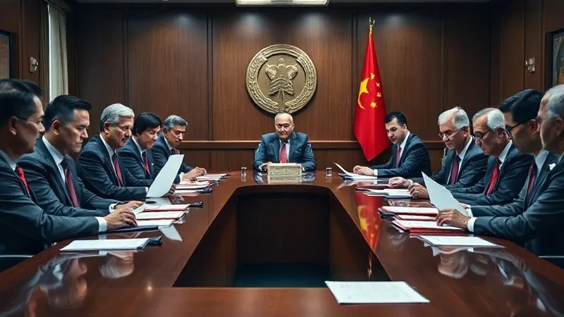 A photorealistic, professional photography, 8K, cinematic lighting, sharp focus, depth of field, shot on a high-end DSLR. Image depicting a formal internal review board within an embassy, with stern-faced officials in suits seated around a large table, reviewing documents related to a disciplinary case. The atmosphere is serious and focused, with subtle national symbols in the background, symbolizing internal accountability.