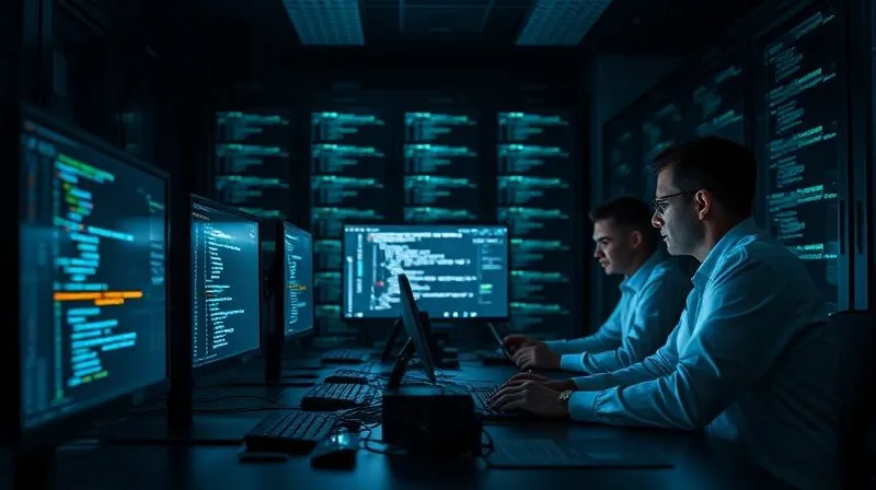 A photorealistic image of a team of cybersecurity experts intensely analyzing lines of code on multiple glowing monitors in a dark server room, with forensic tools displayed on a table. Cinematic lighting, sharp focus on the screens and experts, depth of field blurring the background, 8K, shot on a high-end DSLR.