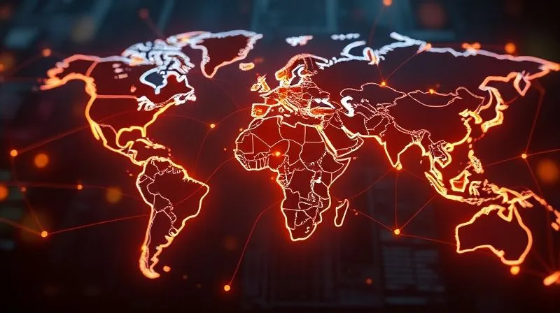 A photorealistic 3D rendering of a world map with glowing lines connecting different continents and countries, symbolizing the interconnectedness of global data protection laws. Digital data packets flow along these lines. Cinematic lighting, sharp focus on the map, depth of field blurring the background, 8K, shot on a high-end DSLR.