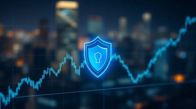 A photorealistic image of a complex financial graph showing a sharp downward trend, with a digital firewall icon overlaid and radiating a protective blue glow. The background is a blurred cityscape at night. Cinematic lighting, sharp focus on the graph and shield, depth of field, 8K, shot on a high-end DSLR.