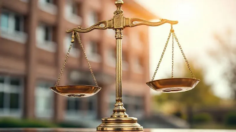 Photorealistic image of a classic set of brass scales of justice, perfectly balanced, with a blurred background showing a modern school building during daylight. Cinematic lighting highlights the precision of the scales, sharp focus, depth of field, 8K, professional photography, shot on a high-end DSLR.