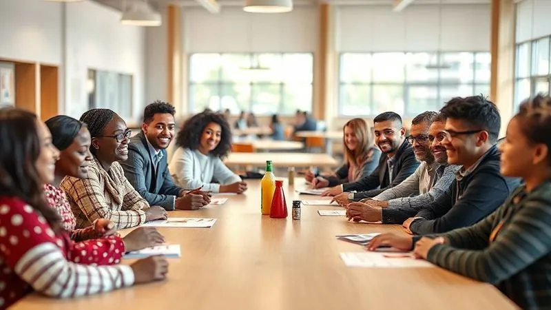 Photorealistic image depicting a diverse group of parents, community leaders, and school administrators sitting around a large table in a brightly lit community center, engaged in a collaborative discussion. They are smiling, making eye contact, and some are gesturing, indicating active participation. Sharp focus on the faces and interaction, depth of field blurring the background, 8K, cinematic lighting, professional photography, shot on a high-end DSLR.
