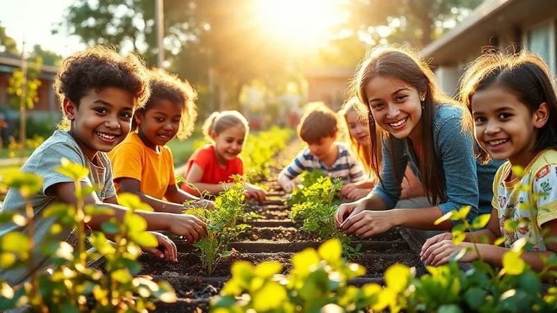Photorealistic image of a vibrant, thriving school garden with diverse students and teachers tending to plants. The sun is shining brightly, casting warm light. The garden symbolizes growth, nurturing, and a collaborative environment. Sharp focus on the happy, engaged faces, depth of field blurring the background, 8K, cinematic lighting, professional photography, shot on a high-end DSLR.