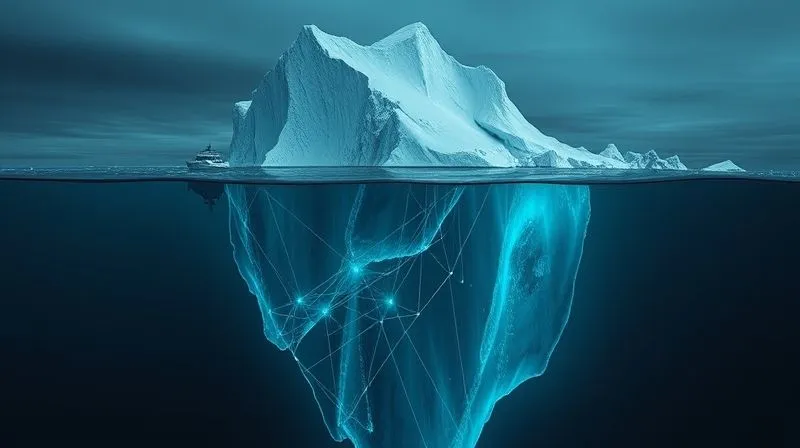 A photorealistic image of a large, jagged iceberg with a complex, glowing network of data streams visible beneath the waterline, representing hidden data privacy challenges in M&A. A corporate ship sails carefully nearby. Cinematic lighting, deep blue ocean, sharp focus on the iceberg, 8K hyper-detailed, shot on a high-end DSLR.