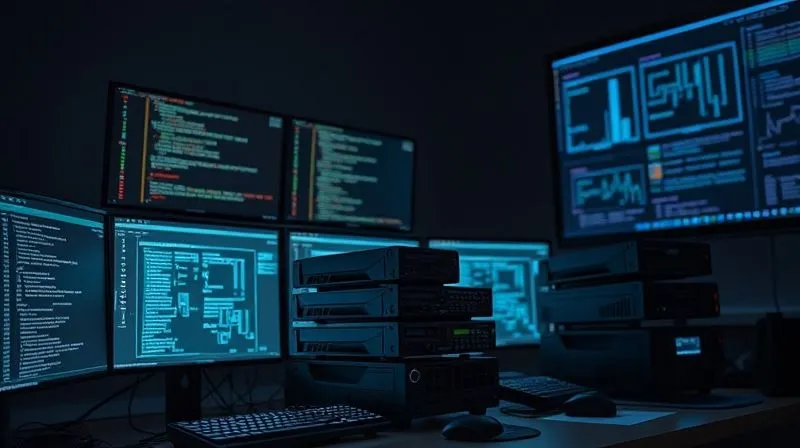 photorealistic, professional photography, 8K, cinematic lighting, sharp focus, depth of field, shot on a high-end DSLR, a modern digital forensic workstation setup, with multiple monitors displaying complex code and network diagrams. A stack of specialized hardware write-blockers and forensic imaging devices are neatly arranged on the desk. The scene is dimly lit, with focused task lighting on the equipment, conveying intense concentration and high-tech operations.