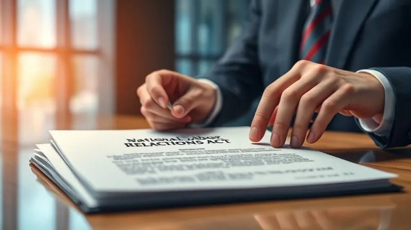 A photorealistic image of a legal document titled 'National Labor Relations Act' open on a polished desk, with a professional legal expert's hand pointing to a specific clause, illuminated by soft, focused lighting. The background features blurred modern office architecture, conveying professionalism and authority. 8K, cinematic lighting, sharp focus, depth of field, shot on a high-end DSLR.