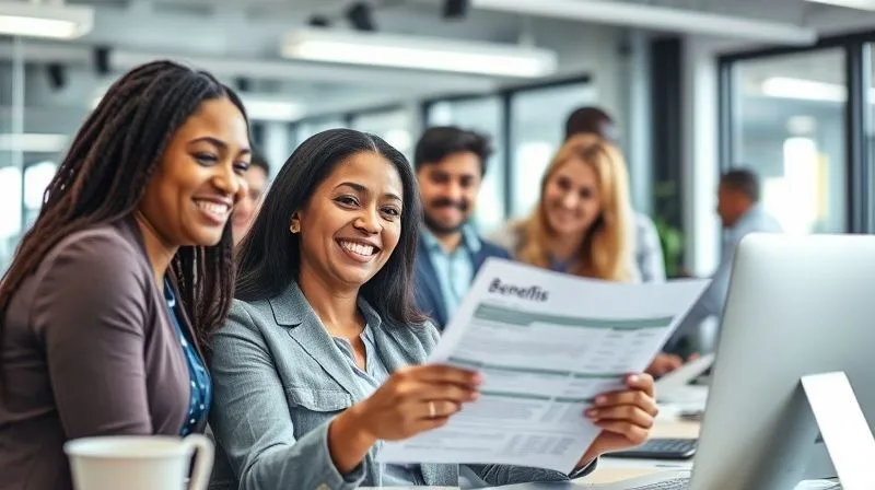 A photorealistic image of a diverse group of employees smiling and interacting positively in a modern, well-lit office space. One employee is reviewing a benefits statement with a look of contentment, while others engage in collaborative work. The scene exudes a sense of financial security and well-being. 8K, cinematic lighting, sharp focus, depth of field, shot on a high-end DSLR.