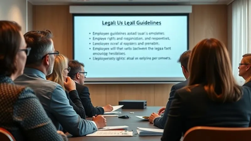 A photorealistic, professional photography, 8K, cinematic lighting, sharp focus, depth of field, shot on a high-end DSLR image of a diverse group of managers intently engaged in a training session. A projector screen displays legal guidelines related to employee rights and responsibilities. The atmosphere is serious and focused, conveying the importance of legal compliance and effective leadership.