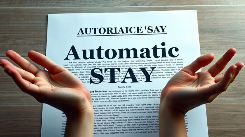 A photorealistic image depicting a legal document with the words "Automatic Stay" boldly highlighted, surrounded by a subtle, shimmering force field, pushing back outstretched hands representing creditors. The scene should convey a sense of immediate relief and protection, professional photography, 8K, cinematic lighting, sharp focus, depth of field, shot on a high-end DSLR.