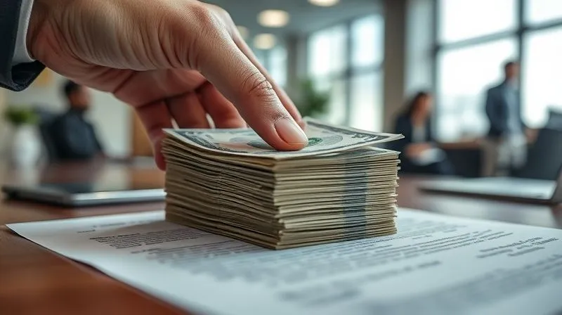 A photorealistic close-up of a stack of crisp banknotes being carefully placed onto a legal document, with a strong, protective hand hovering over them, symbolizing the careful management and court-approved use of funds in bankruptcy. The background is a blurred, bustling corporate office. Professional photography, 8K, cinematic lighting, sharp focus, depth of field, shot on a high-end DSLR.