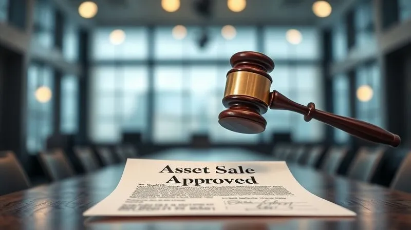 A photorealistic, professional photography, 8K, cinematic lighting, sharp focus, depth of field, shot on a high-end DSLR, depicting a gavel striking down on a legal document that clearly states "Asset Sale Approved," with a blurred background of a modern, well-lit auction room, conveying a sense of finality and successful transaction.