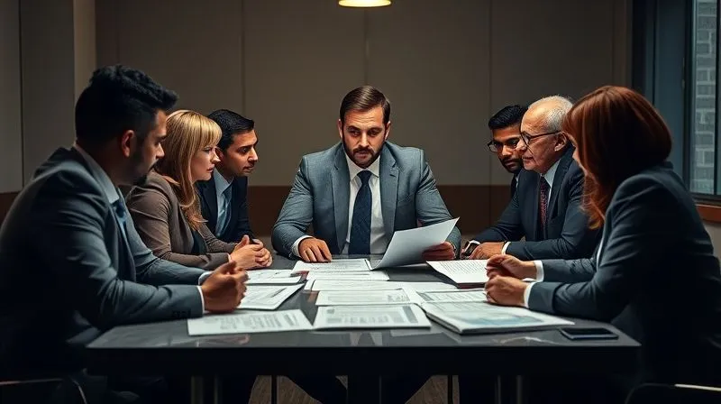 A photorealistic, professional photography, 8K, cinematic lighting, sharp focus, depth of field, shot on a high-end DSLR, depicting a diverse team of legal and financial professionals intently collaborating around a large table, reviewing complex financial documents and legal briefs, with a strong, focused individual leading the discussion, symbolizing expert guidance and strategic planning. The atmosphere should convey competence and determination.
