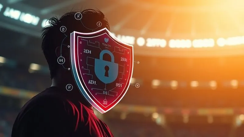 A photorealistic, professional photography, 8K, cinematic lighting image of a stylized digital shield or firewall protecting a silhouette of an athlete, with various digital threats like unauthorized logos or manipulated images bouncing off it. Sharp focus on the shield, depth of field blurring the background of a stadium or betting interface.