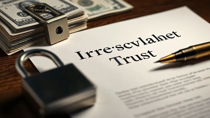 A photorealistic image of a legal document titled 'Irrevocable Trust' with a fountain pen resting on it, surrounded by a stack of currency and a small, secure lock. Cinematic lighting, sharp focus on the document, depth of field blurring the background. 8K hyper-detailed, professional photography.