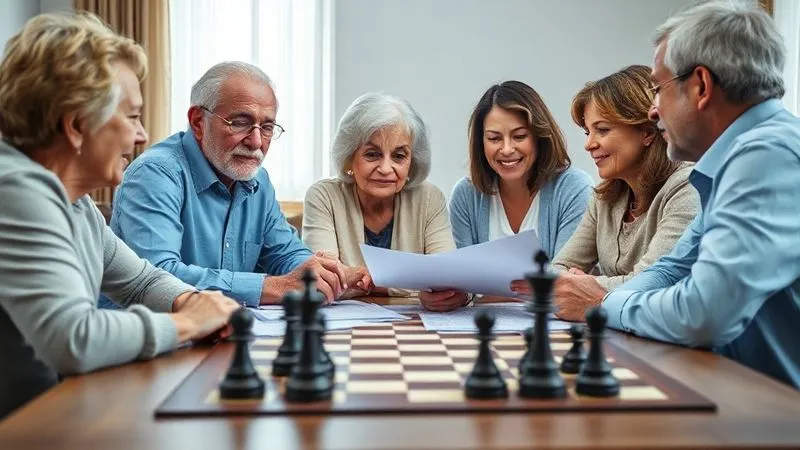 A photorealistic, professional photography, 8K, cinematic lighting, sharp focus, depth of field shot on a high-end DSLR of a multi-generational family (elderly couple, adult children, grandchildren) gathered around a table with legal documents and a financial planner, engaged in serious yet hopeful discussion. A chessboard with pieces in a strategic position sits subtly in the background, symbolizing long-term planning. The mood is one of collaboration and security.
