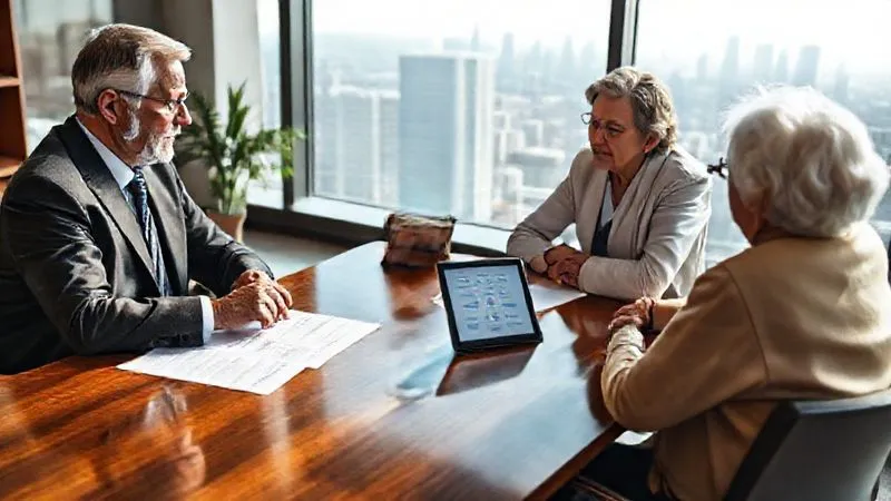 A photorealistic image of a professional elder law attorney, a wise and empathetic figure, sitting across a polished wooden desk from an elderly client and their adult child. The attorney is explaining complex legal documents, gesturing towards a digital tablet displaying a flowchart of asset protection steps. The setting is a modern, well-lit office with a large window overlooking a city skyline. Cinematic lighting, sharp focus on the attorney and clients, depth of field blurring the background. 8K hyper-detailed, professional photography.