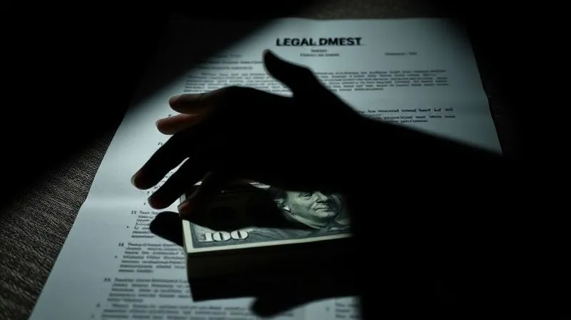 Photorealistic, professional photography, 8K, cinematic lighting, sharp focus, depth of field, shot on a high-end DSLR. A dark, ominous shadow of a hand reaching for a stack of money hidden under a legal document, symbolizing the danger of fraudulent transfers and hidden assets. The lighting is harsh, creating sharp contrasts, with a sense of tension and risk. Focus is on the shadow and the hidden money.