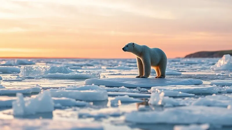 A photorealistic, professional photography, 8K image of a lone polar bear standing on a rapidly melting ice floe, looking towards a distant, green coastline. The ice is breaking up into dramatic, crystalline shards, reflecting a dramatic sunset. Cinematic lighting, sharp focus on the bear and the melting ice, depth of field blurring the distant land, shot on a high-end DSLR, conveying urgency and the impact of climate change on habitat.